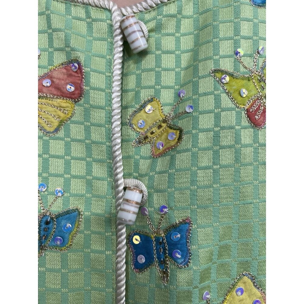 Whimsical Butterfly Jacket L Pastel Green Embroidered Sequins Art To Wear Garden - Picture 3 of 7